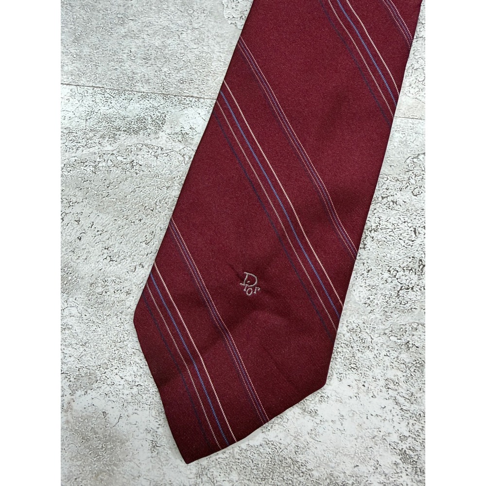 VTG Christian Dior Necktie Men OS Burgundy Striped Embroidered Logo Silk Blend
